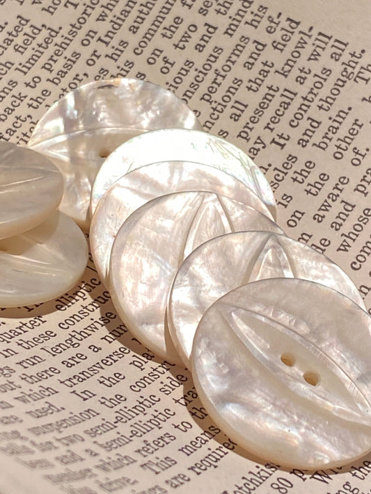 2 vtg matched abalone shell buttons: 1.125" hand carved, raised relief cat eye