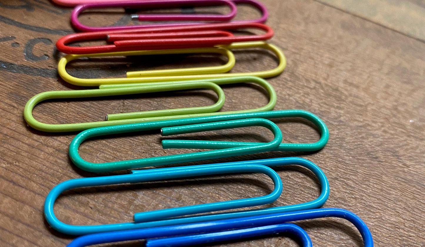 Rainbow of paper clips / dozen small or half-dozen jumbo / 80s loveliness / secondhand sourced = embodied energy & matter, ethical office supply