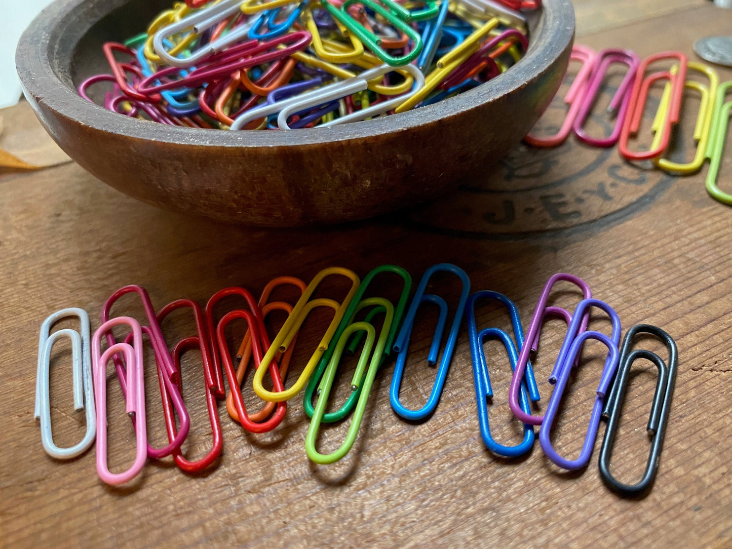 Rainbow of paper clips / dozen small or half-dozen jumbo / 80s loveliness / secondhand sourced = embodied energy & matter, ethical office supply