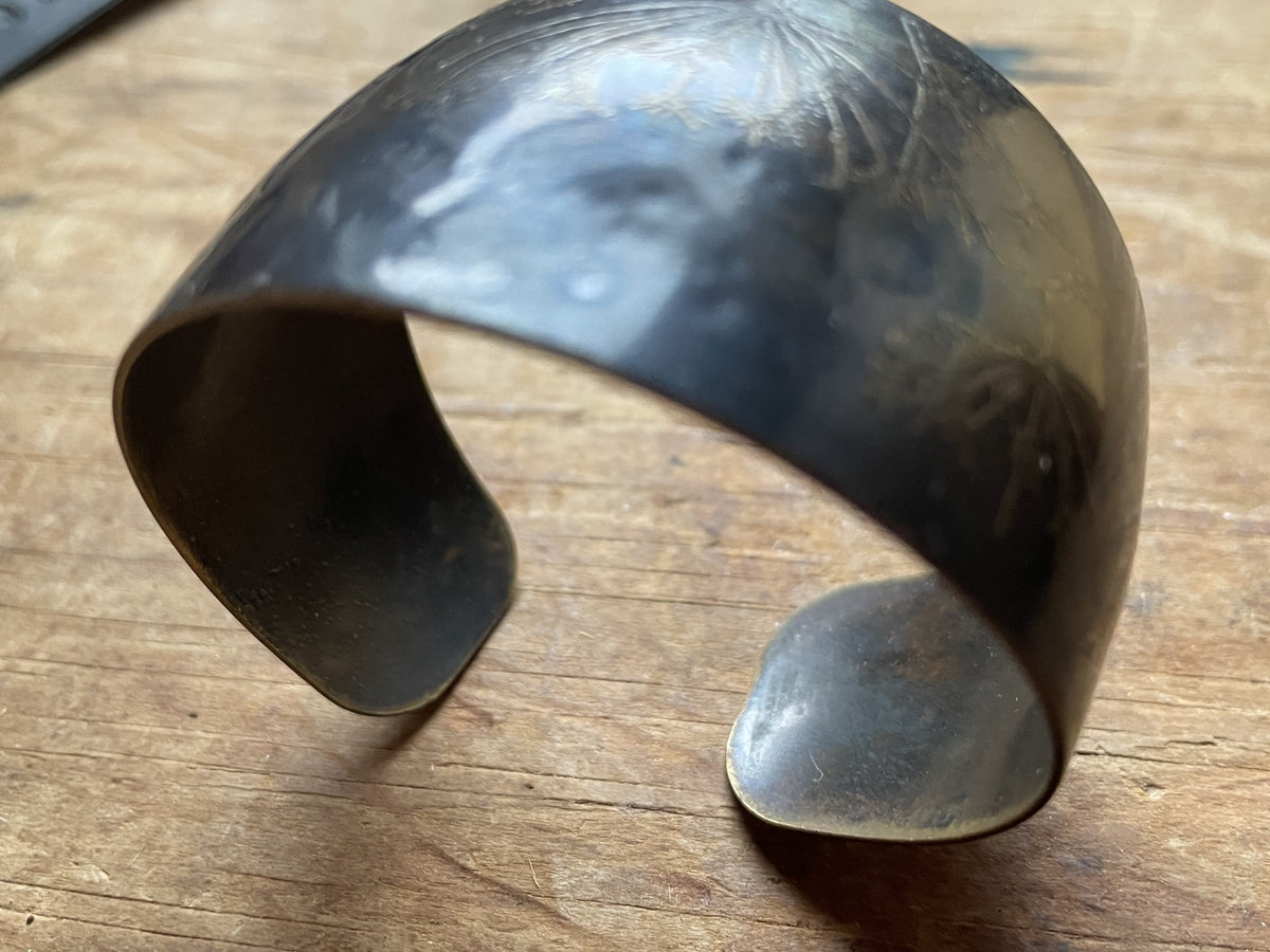 Open side profile of vintage wide etched cuff bracelet