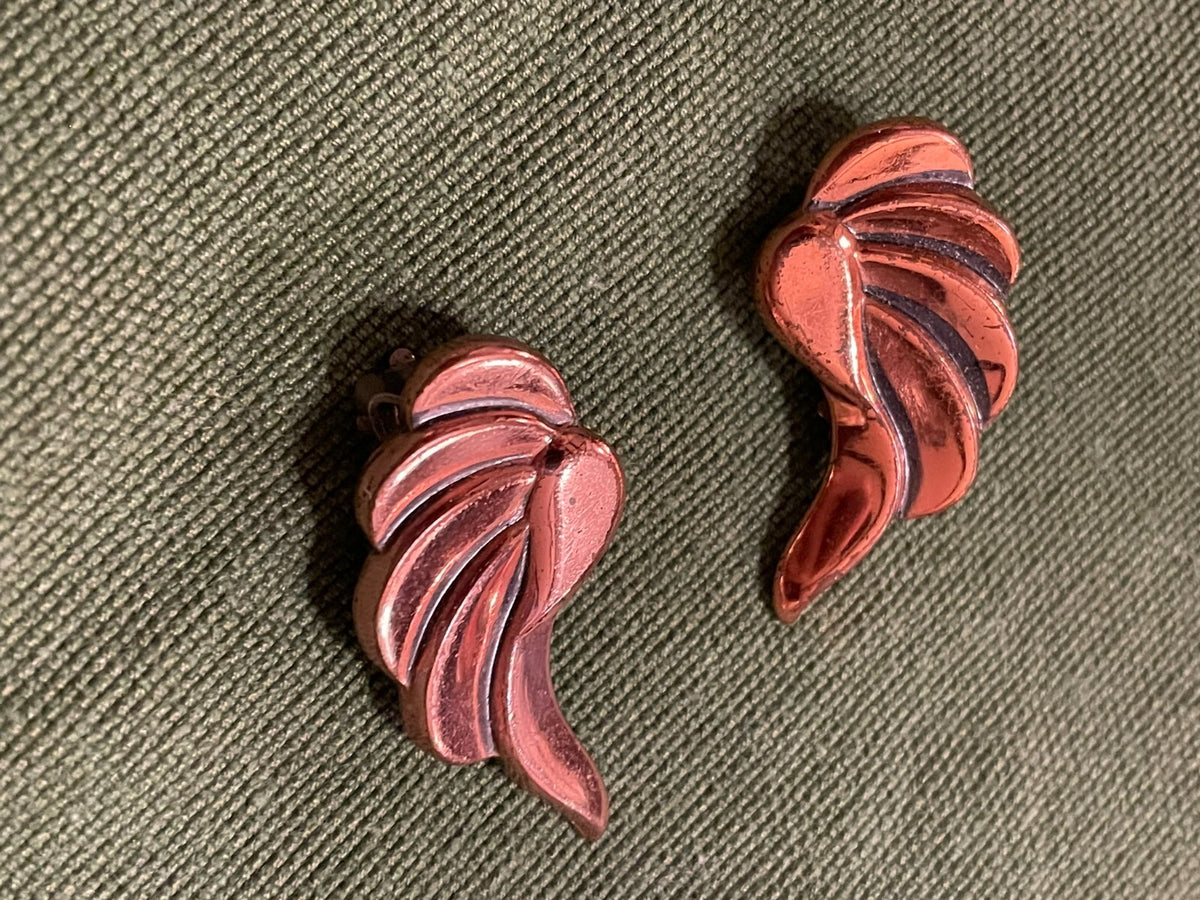 VTG Renoir Copper Clip-On Earrings Clip On Leaf MCM Retro Abstract Modernist EUC