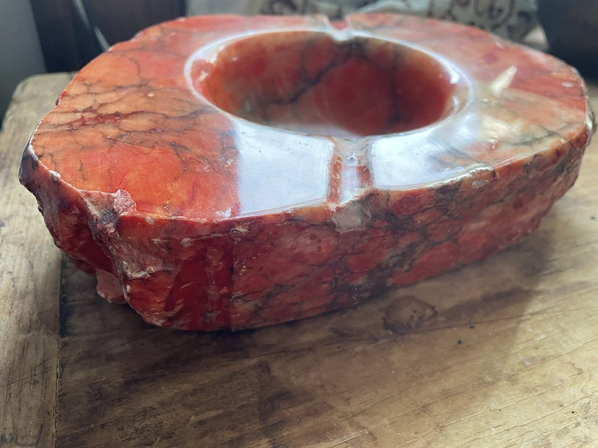 Vtg MCM Italian Red Alabaster Ashtray Massive 8lb Hand-Carved Live Edge Marble