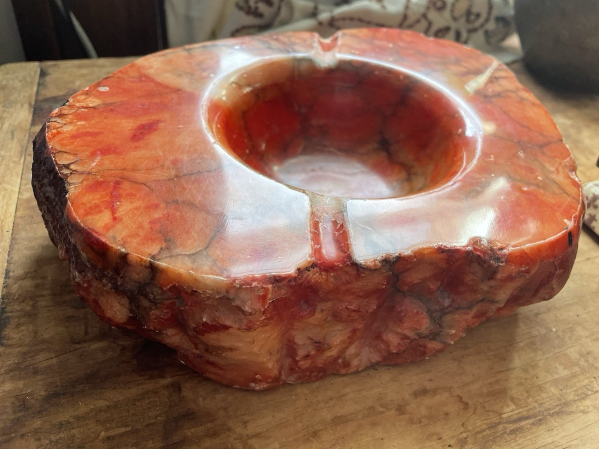 Vtg MCM Italian Red Alabaster Ashtray Massive 8lb Hand-Carved Live Edge Marble