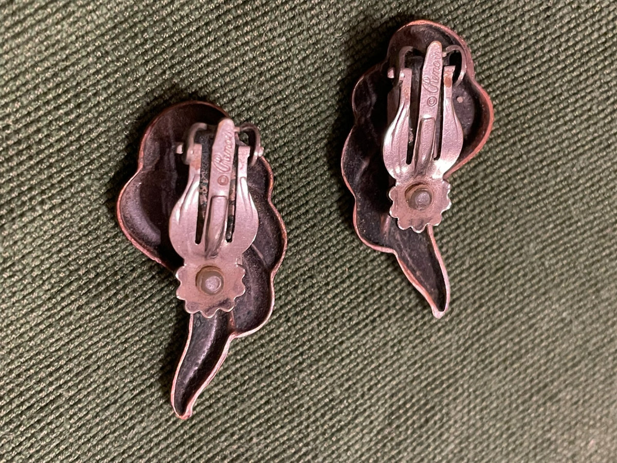 VTG Renoir Copper Clip-On Earrings Clip On Leaf MCM Retro Abstract Modernist EUC