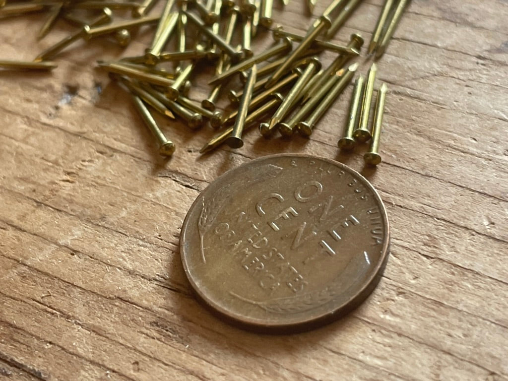 Tiny Brass Nails • Approx. 1/2 Inch Round-Head Detail Nails • Set of 12 • Miniature Hardware