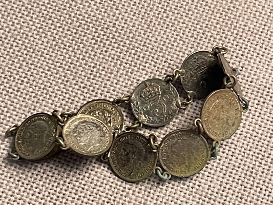 WWII era vtg souvenir bracelet 90% Silver Threepence coins Handmade