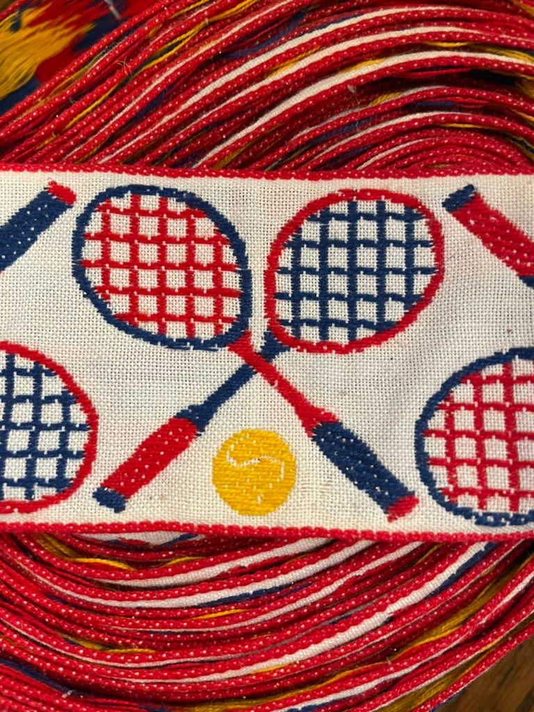 Vintage tennis racquets ribbon by the yard / 70s-80s retro trim / yellow red blue white bright primary NOS