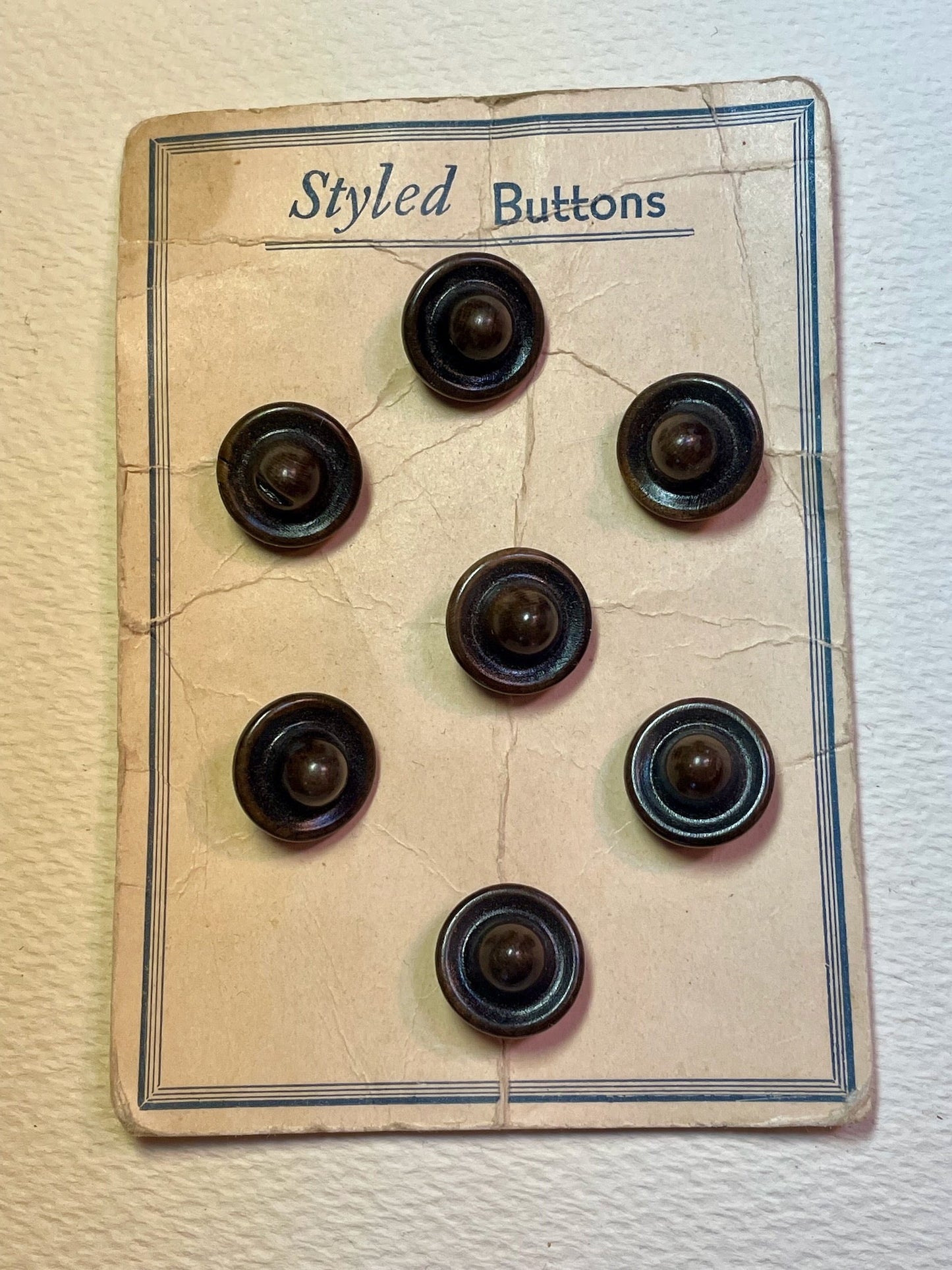 7 brown 1950s vtg plastic buttons | shank style | size 16/0.39" | new old stock