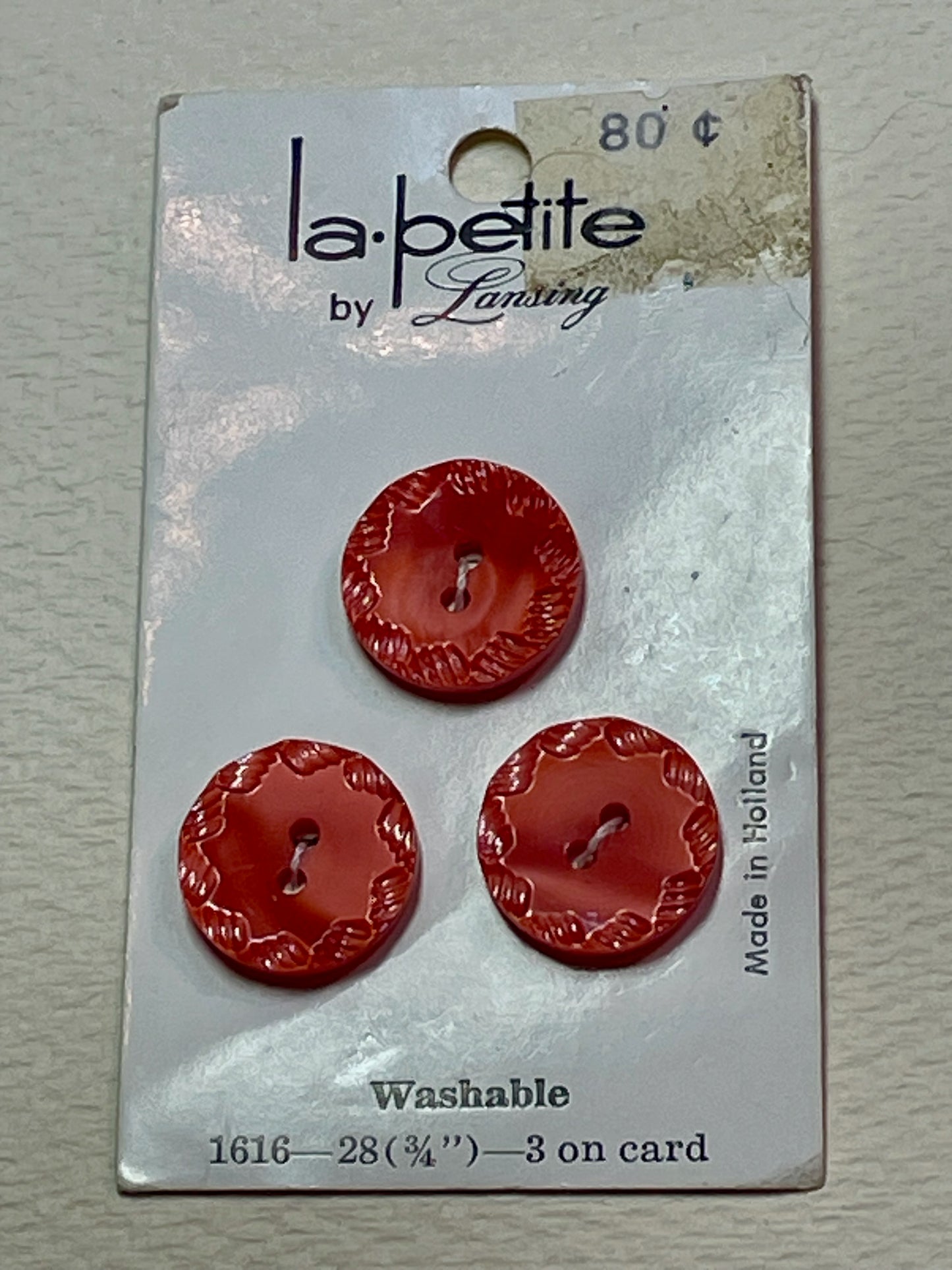 3 red vtg plastic buttons | 2 hole flat | size 30/0.75" | new old stock | made in Holland