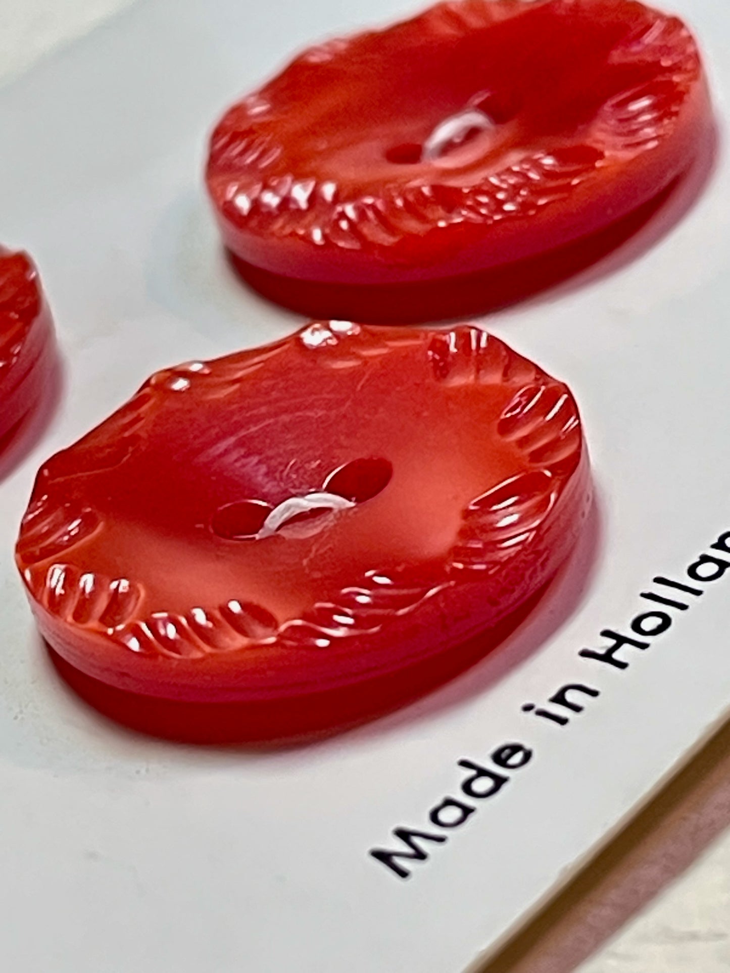 3 red vtg plastic buttons | 2 hole flat | size 30/0.75" | new old stock | made in Holland