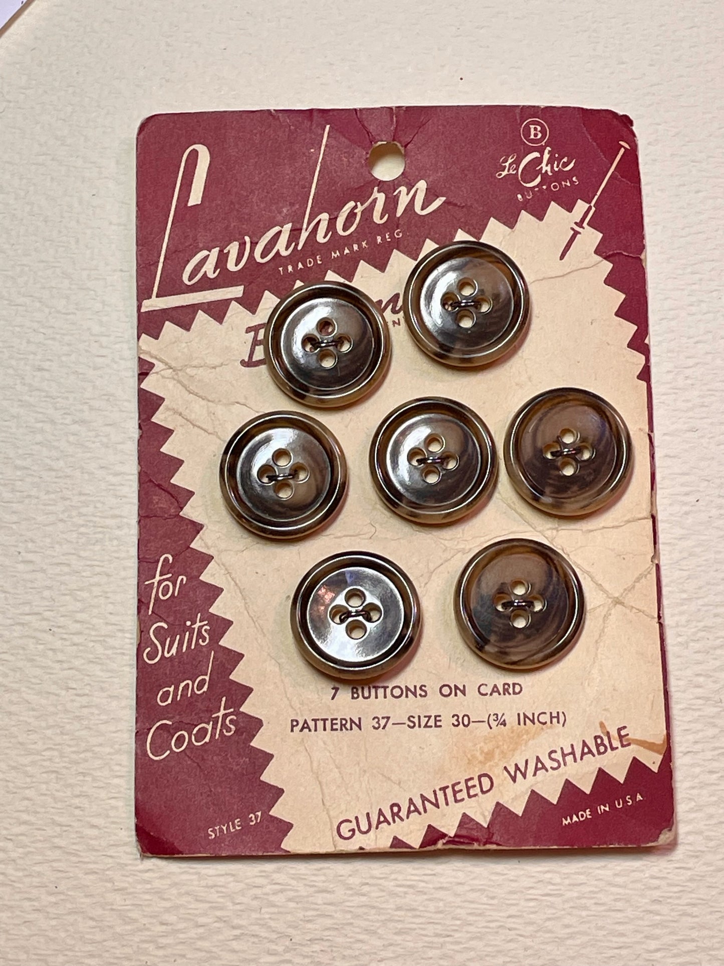 7 brown 1960s vtg Lavahorn faux horn buttons | 4 hole flat | size 30/0.75" | new old stock | made in USA