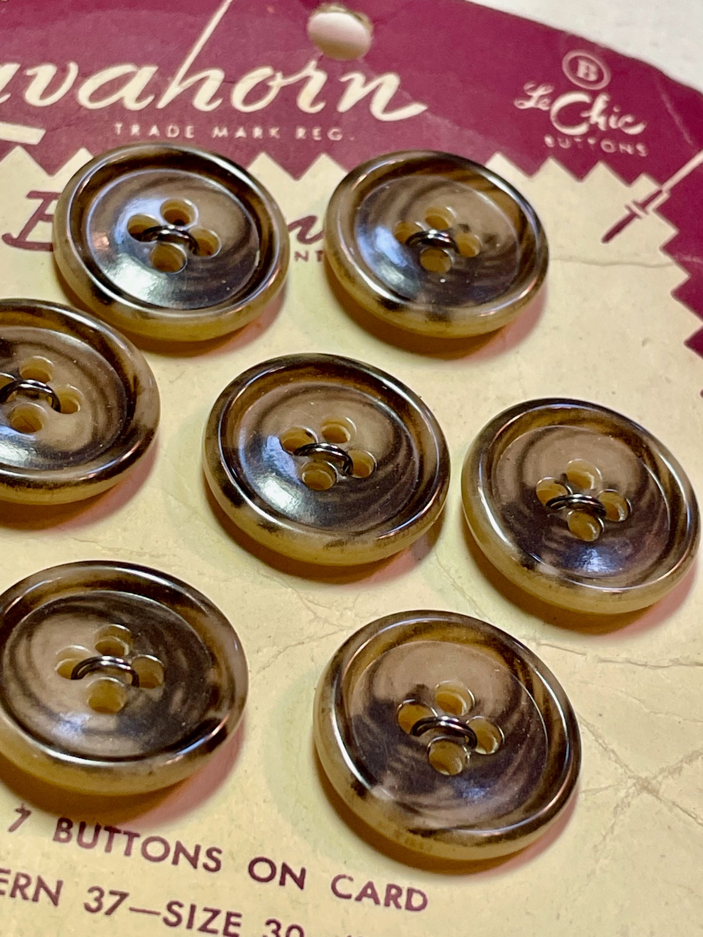 7 brown 1960s vtg Lavahorn faux horn buttons | 4 hole flat | size 30/0.75" | new old stock | made in USA