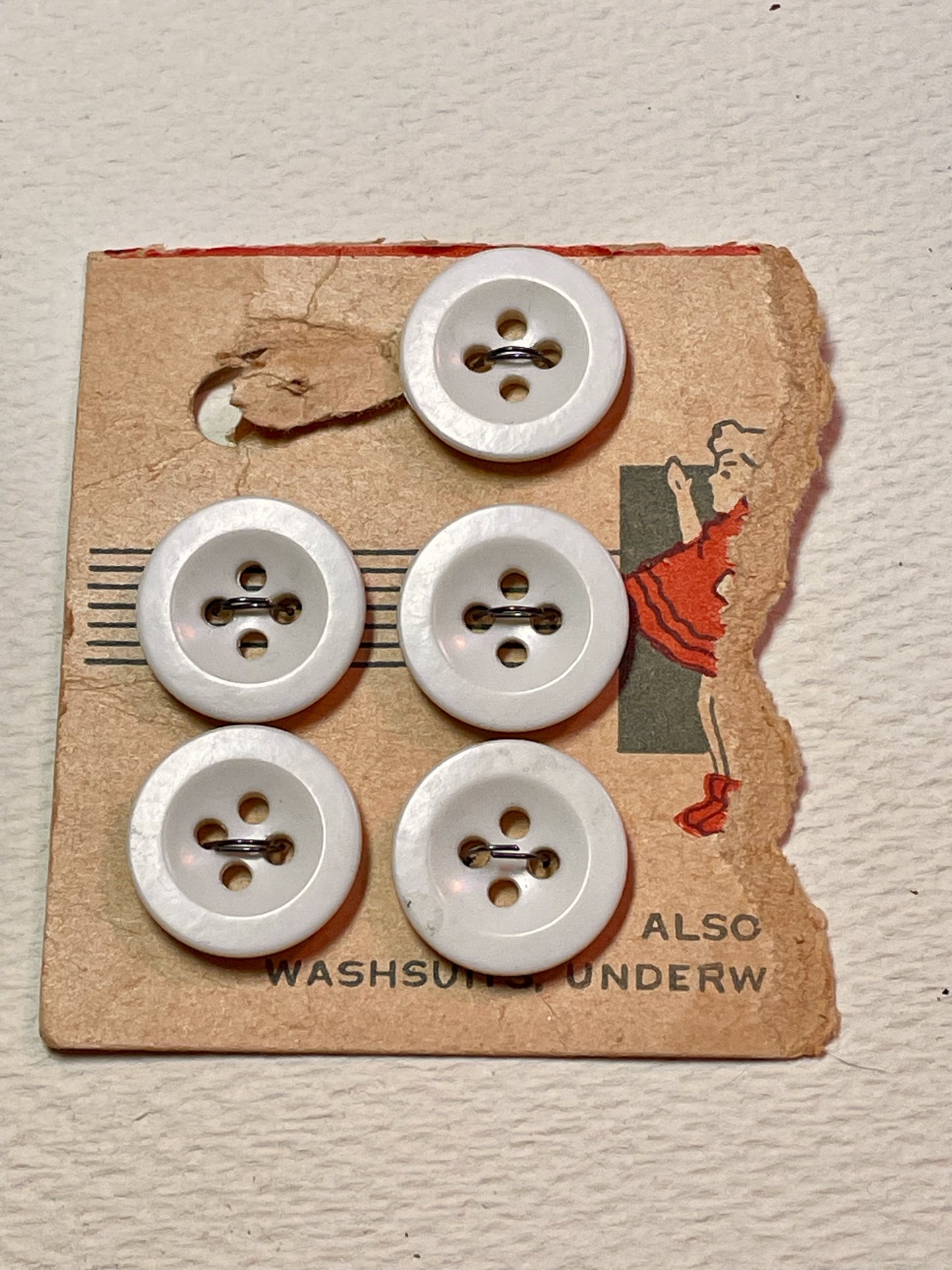 5 white 1940s vtg plastic buttons | 4 hole flat | size 19/0.47" | new old stock