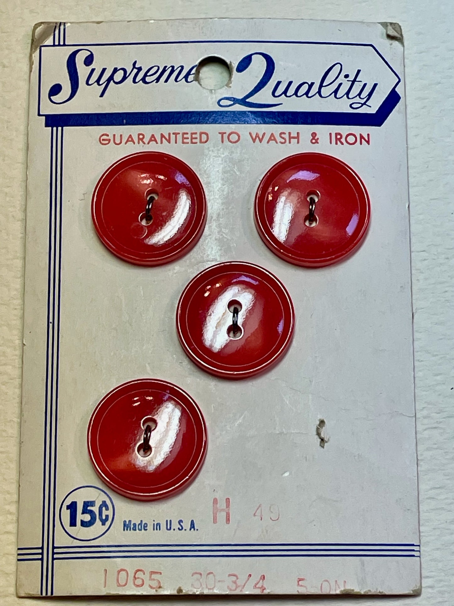 4 red 1960s vtg plastic buttons | 2 hole flat | size 30/0.75" | new old stock | made in USA