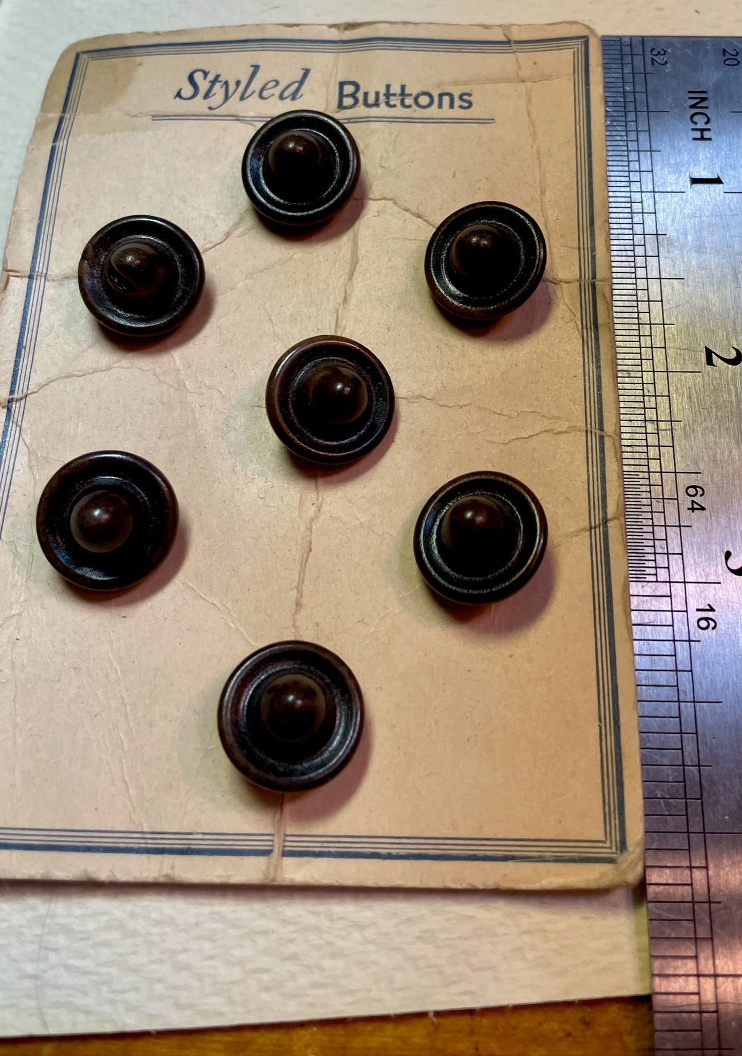 7 brown 1950s vtg plastic buttons | shank style | size 16/0.39" | new old stock