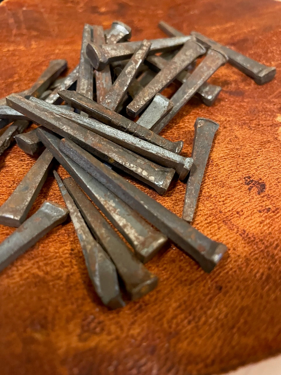 One dozen vintage square metal masonry nails / 12 rescued square headed nails for DIY projects / old primitive steel iron black