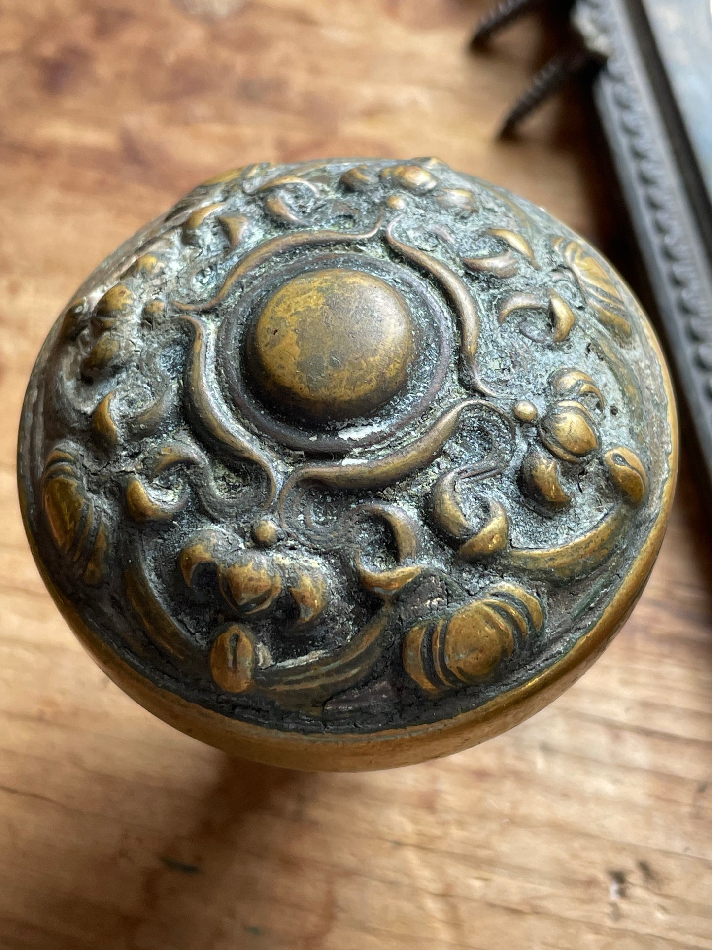 Rare Antique Yale & Towne Door Hardware Set - Ornate Oporto Pattern Escutcheon & Matching Olympian Cast Knobs, Circa 1905