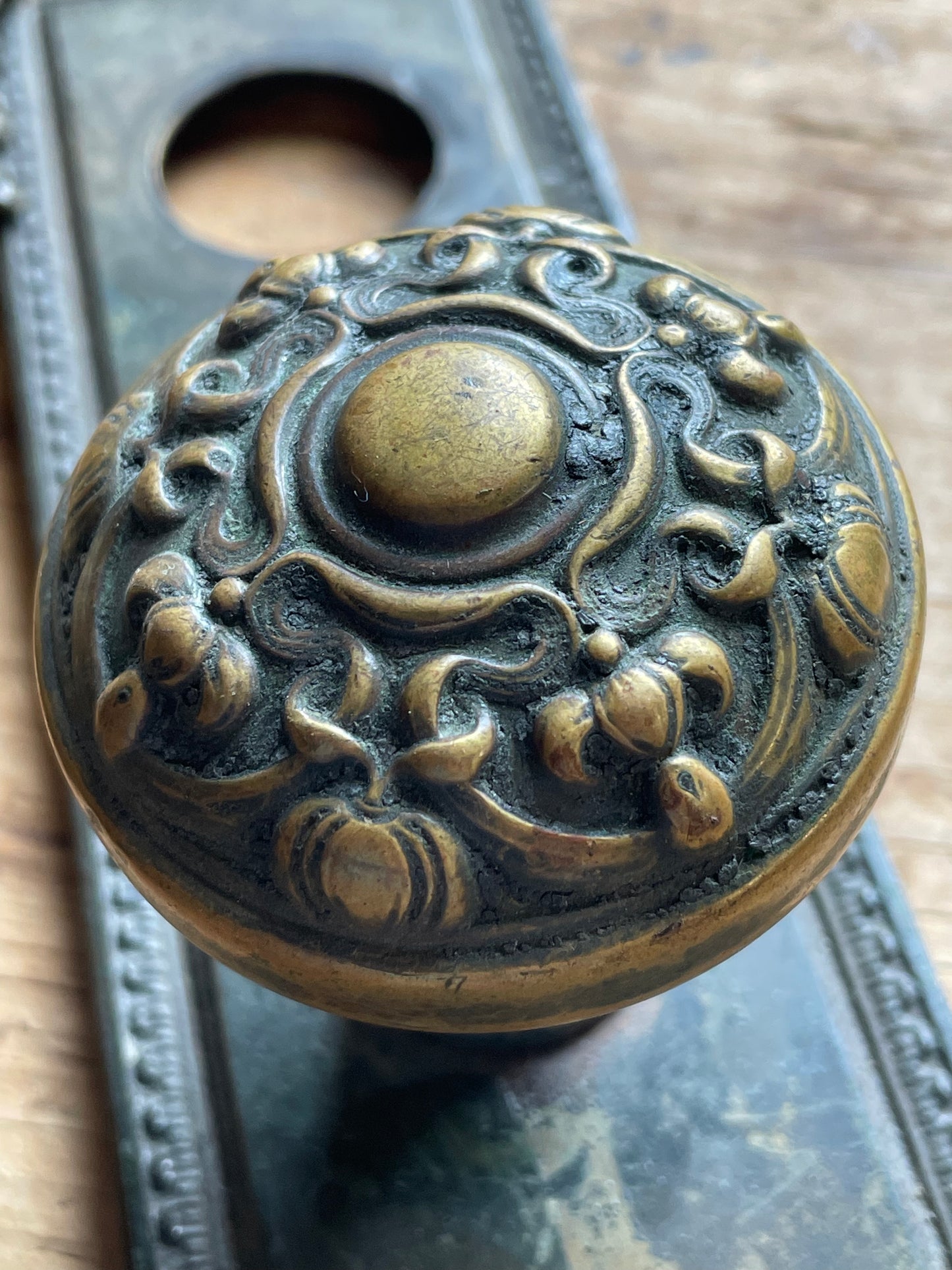 Rare Antique Yale & Towne Door Hardware Set - Ornate Oporto Pattern Escutcheon & Matching Olympian Cast Knobs, Circa 1905