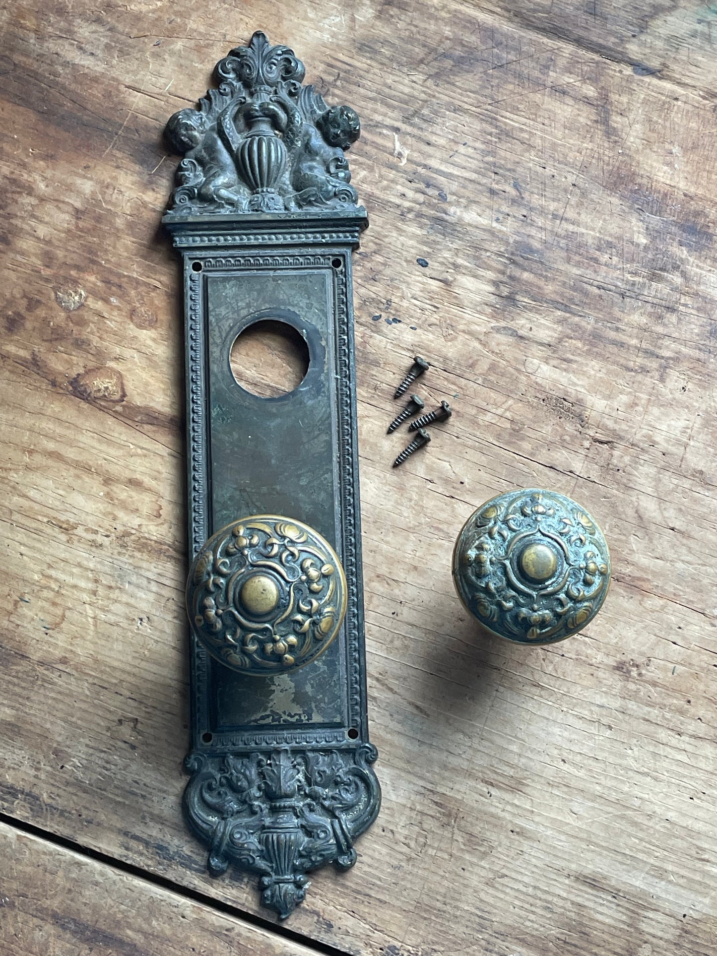 Rare Antique Yale & Towne Door Hardware Set - Ornate Oporto Pattern Escutcheon & Matching Olympian Cast Knobs, Circa 1905