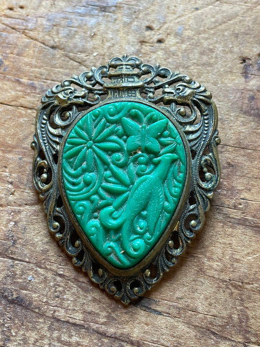 Vintage green faux-jade bird and butterfly brooch pendant with ornate gold-tone pagoda and dragon motifs