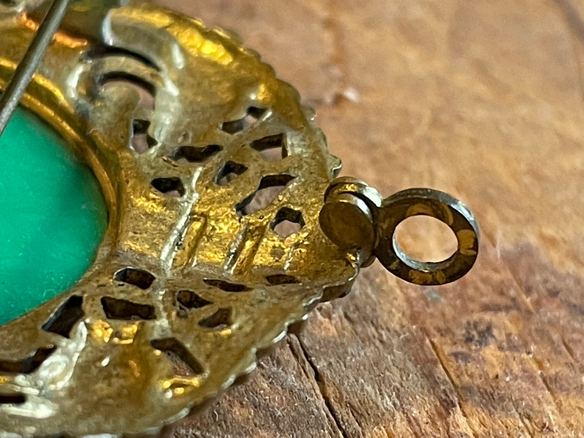 Vintage Faux-Jade Bird & Butterfly Brooch Pendant — Pagoda & Dragons