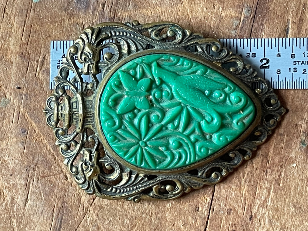 Vintage Faux-Jade Bird & Butterfly Brooch Pendant — Pagoda & Dragons
