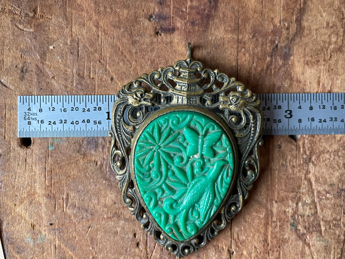 Vintage Faux-Jade Bird & Butterfly Brooch Pendant — Pagoda & Dragons