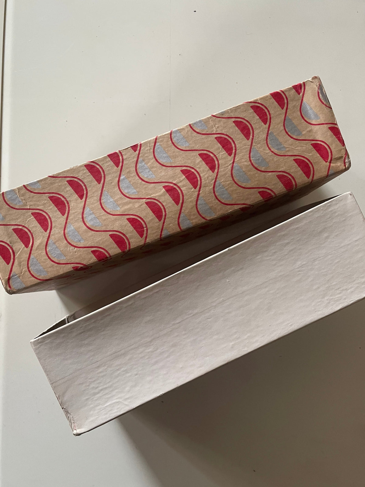 Vintage Geometric Paper-Covered Keepsake Box - Gifting Decorative Storage Presentation Box – Red, Blue & Cream + Cardboard