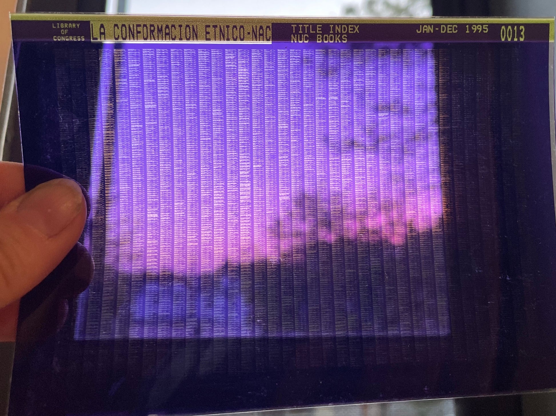 Backlit blue microfiche sheet glowing purple against a dusky evening sky.