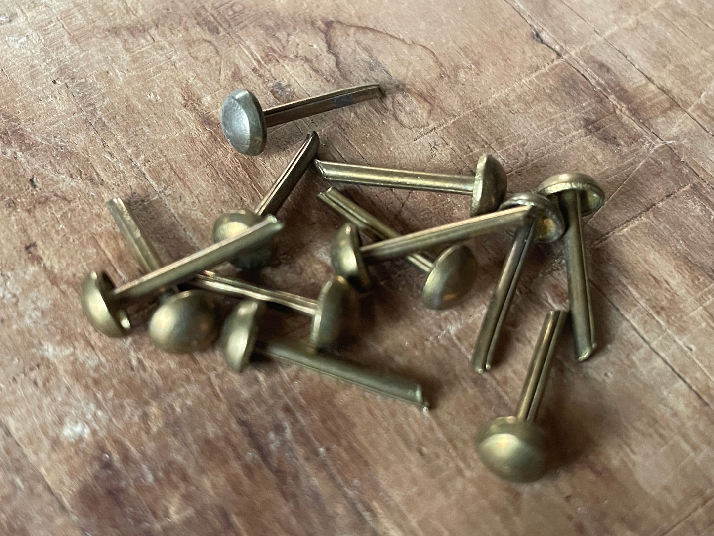 12 Antique Brass Upholstery Tacks 1/5" dome head diameter / 9/16" long • One Dozen Vintage Furniture Brads • Restoration H ardware