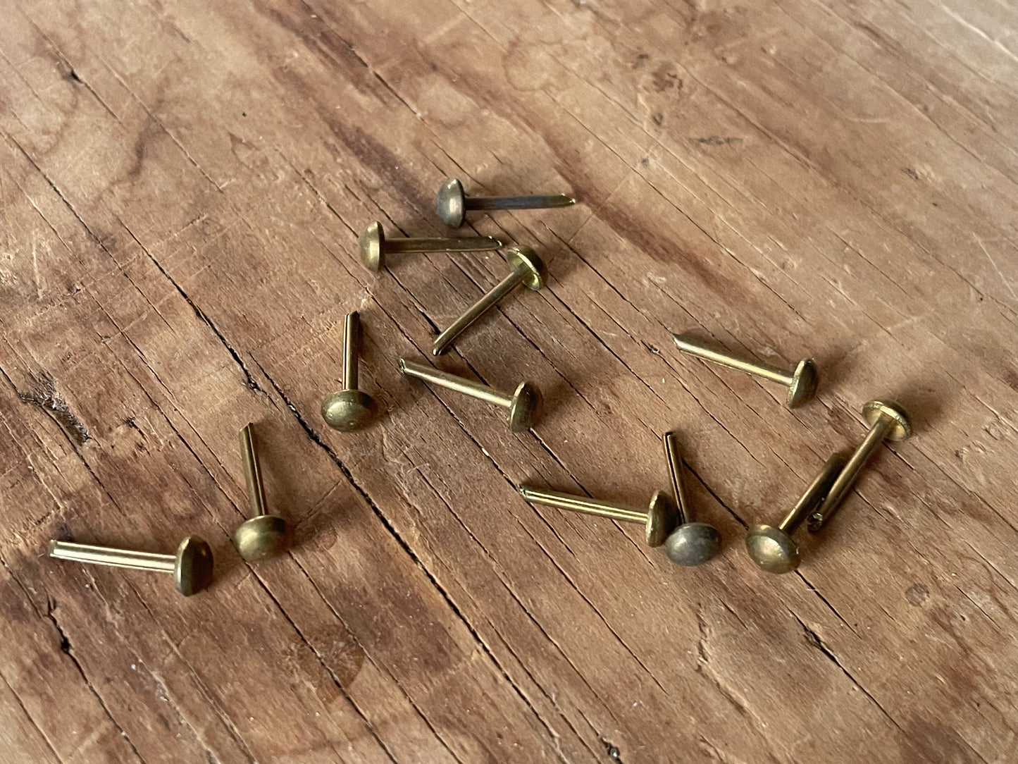 12 Antique Brass Upholstery Tacks 1/5" dome head diameter / 9/16" long • One Dozen Vintage Furniture Brads • Restoration H ardware