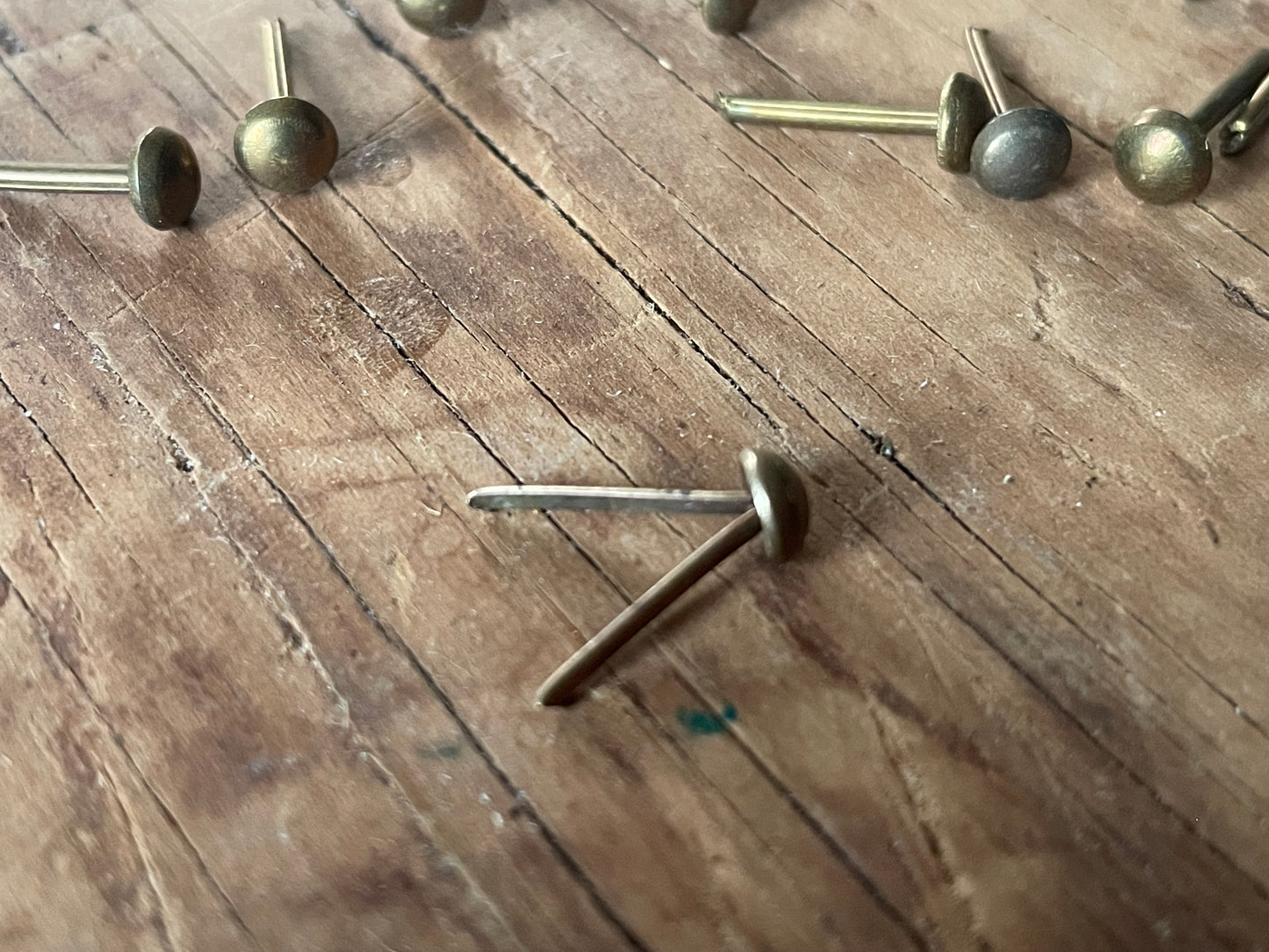 12 Antique Brass Upholstery Tacks 1/5" dome head diameter / 9/16" long • One Dozen Vintage Furniture Brads • Restoration H ardware
