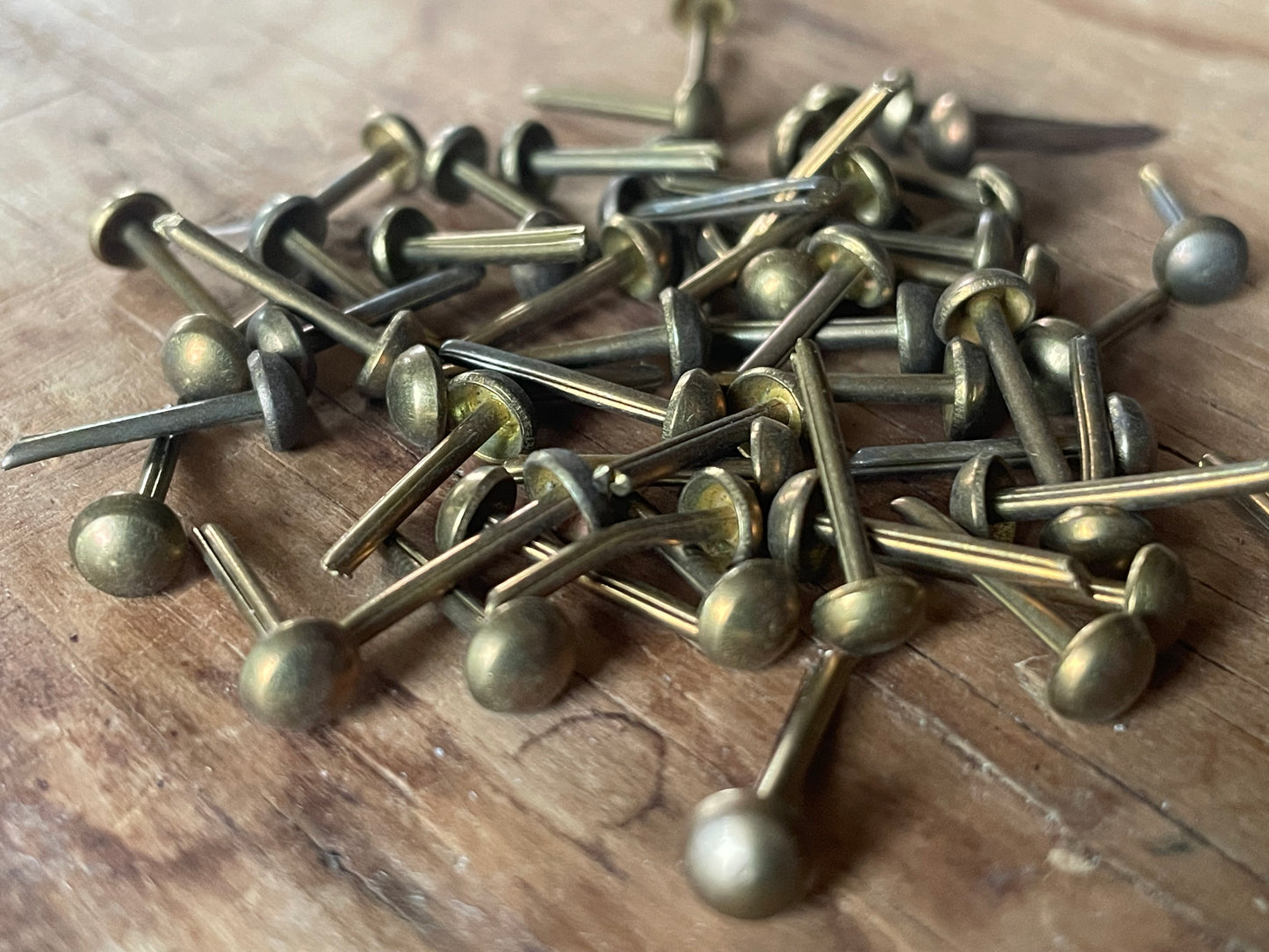 12 Antique Brass Upholstery Tacks 1/5" dome head diameter / 9/16" long • One Dozen Vintage Furniture Brads • Restoration H ardware