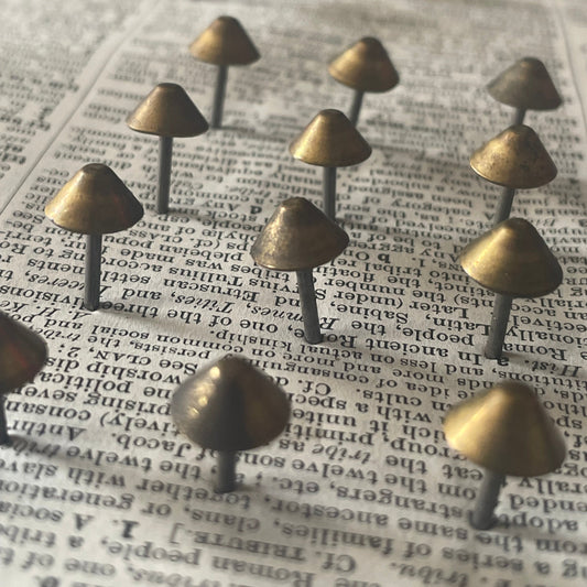 A close-up of multiple metallic mushroom-shaped upholstery tacks arranged diagonally over an open book with printed text.