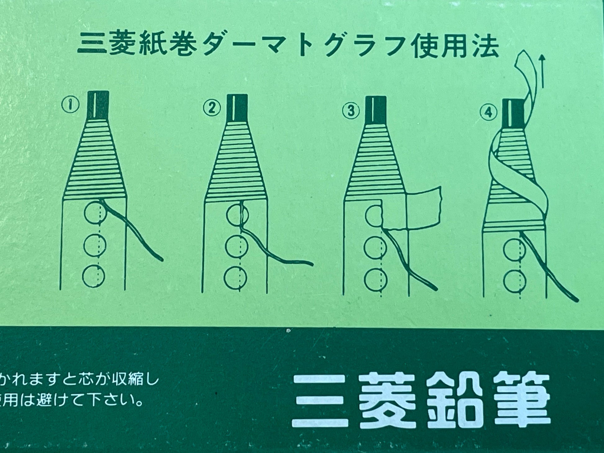 The back side of a Mitsu-Bishi pencil box featuring a green instructional: four numbered steps for using a三菱鉛筆 grease pencil, with line drawings of the pencil directing the user to pull down on the thread to release & unwind the paper wrapping. 