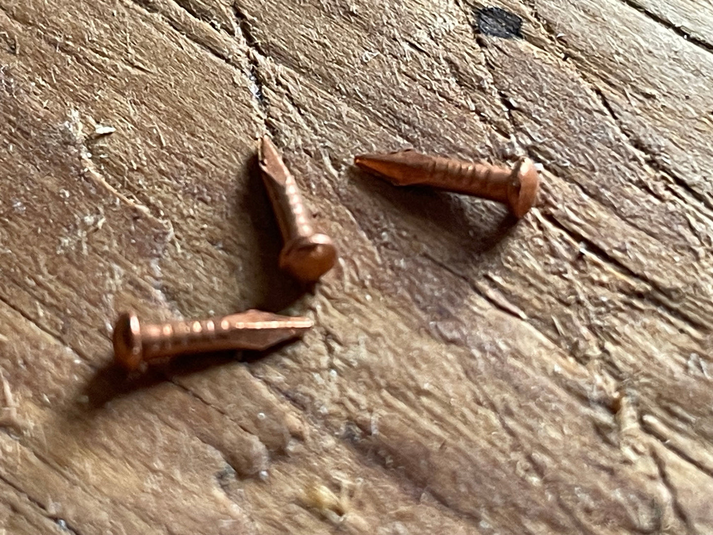 Three copper-colored escutcheon pins lying on a textured, weathered wooden surface.