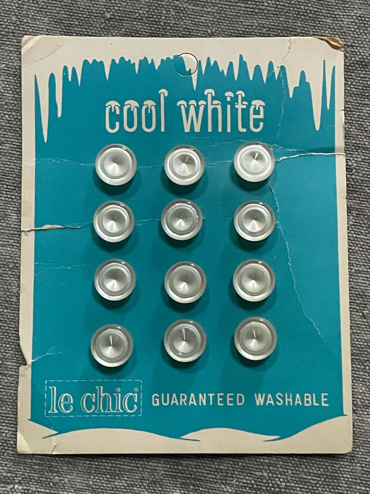 Product view of 12 cool white le chic sewing buttons, 7/16 inch, nos on card