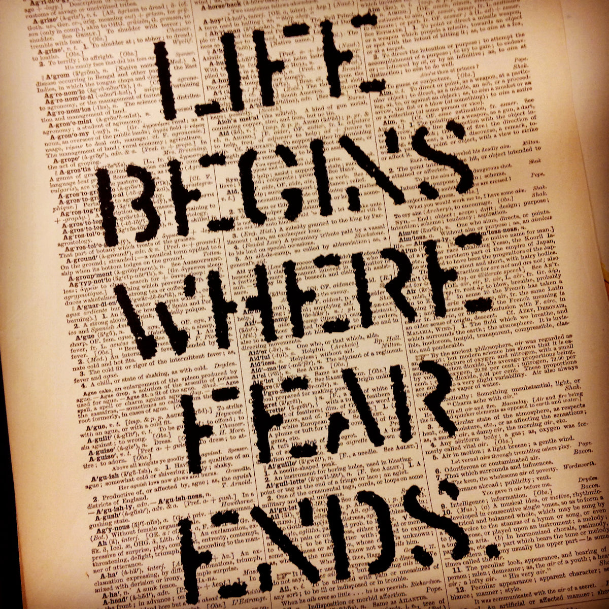 Text 'LIFE BEGINS WHERE FEAR ENDS' on a textured background