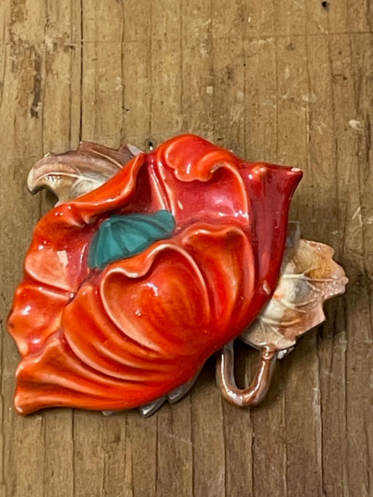 Vintage Poppy Flower Brooch from WWII Navy WAVES Family Estate | Midcentury Red Floral Pin | Memorial / Remembrance Style Jewelry