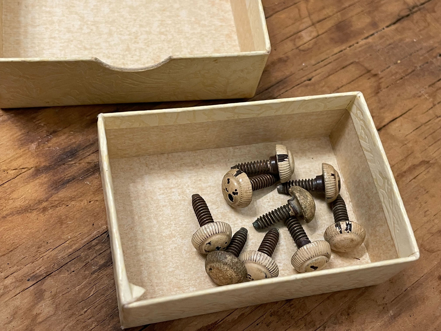 Set of wooden screws in a vintage paperboard box on a wooden surface