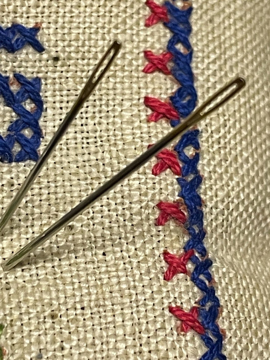 Two large-eyed metal needles resting on fabric with red and blue embroidery