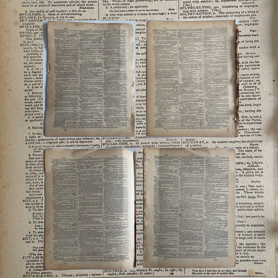 Collage of four antique dictionary pages against a larger scale background of a single antique dictionary page. 