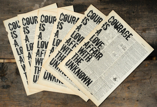 Print: Courage is a Love Affair with the Unknown -  Osho quote - repurposed antique dictionary page print / travel adventure gift