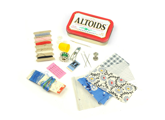 Travel mending kit/ on-the-go pocket etui / with secondhand-sourced, vintage materials and notions / needles patches thread snaps hooks pins