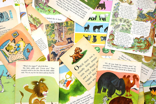 1/8 lb of vintage children’s book pages with Animals for scrapbooking, journaling, crafting / old paper pages for junk journals, ephemera
