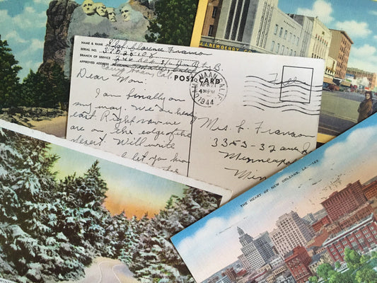 Five linen postcards/ vintage color card lot / random used mix, written assortment / Americana travel souvenirs for scrapbooking, crafting