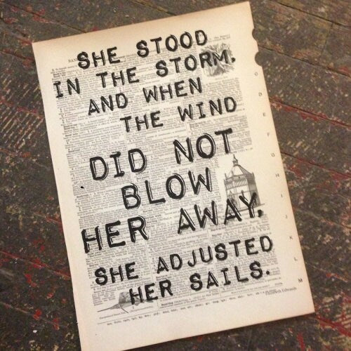 Print: "She stood in the storm…” – Elizabeth Edwards Quotation Printed on a Repurposed Dictionary Page