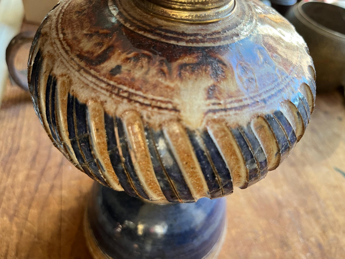 Vintage 1970s Studio Pottery Oil Lamp – Hand-Carved Blue Stoneware Kerosene Base w/ Studio Makers Mark