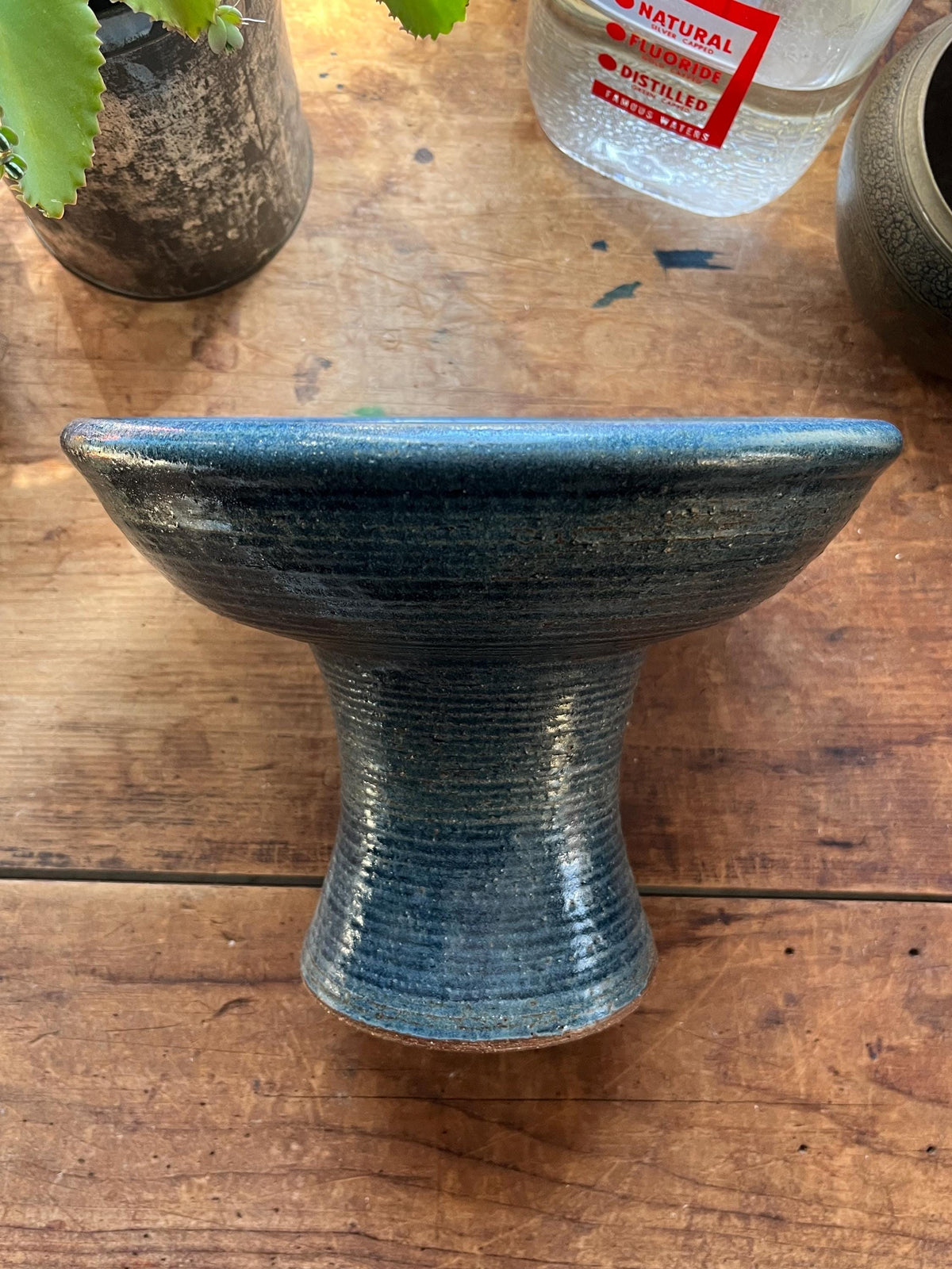 Vintage Mid-Century Studio Pottery Pedestal Bowl – Large Blue Glazed Stoneware Fruit Compote Centerpiece (9.5”)