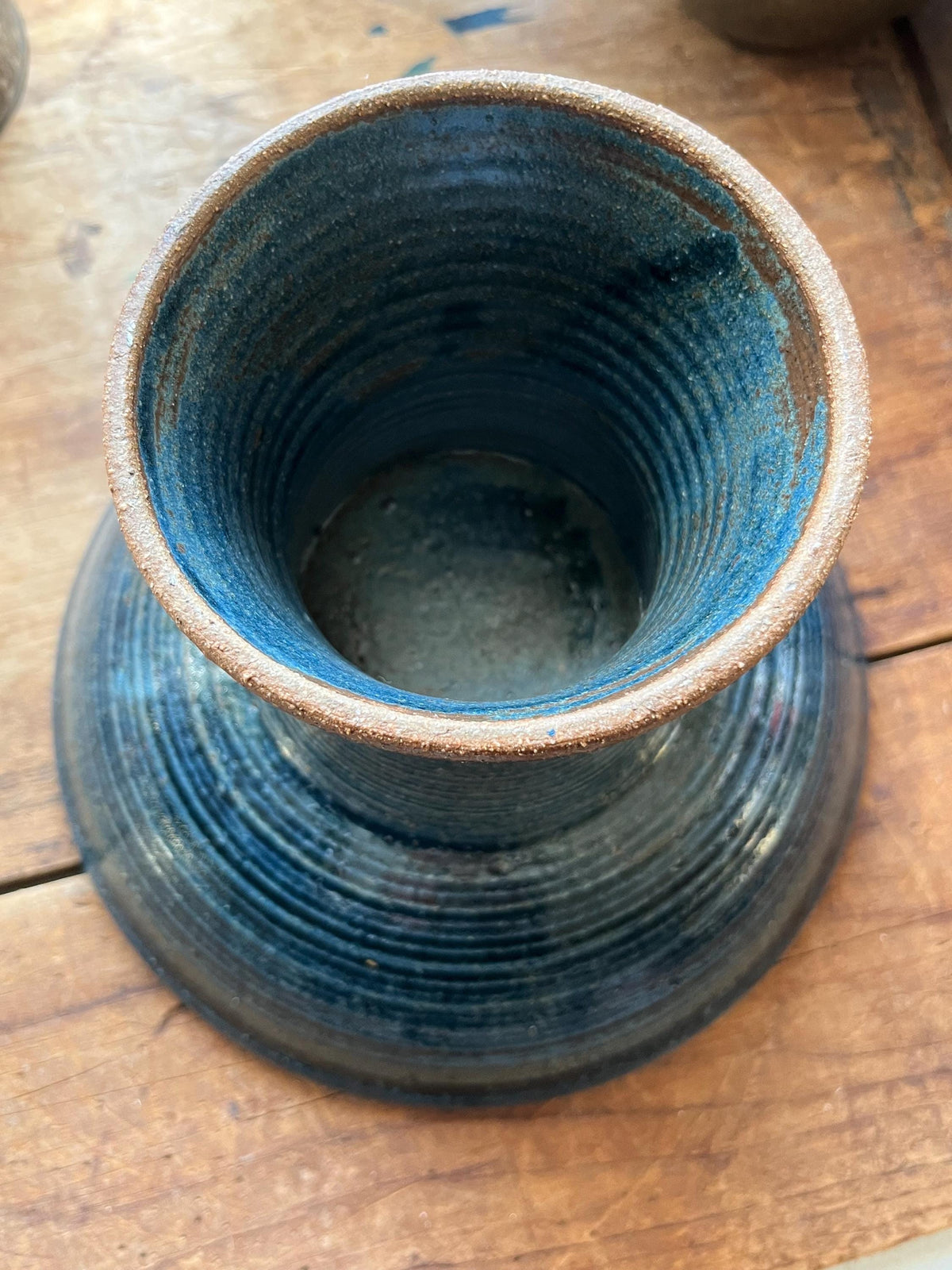 Vintage Mid-Century Studio Pottery Pedestal Bowl – Large Blue Glazed Stoneware Fruit Compote Centerpiece (9.5”)
